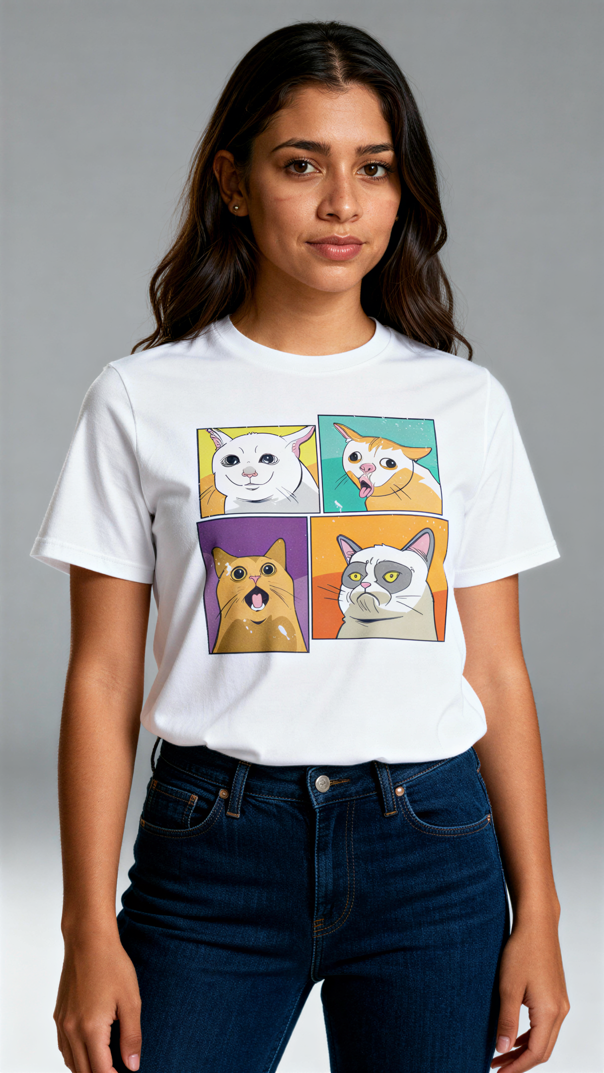 במבט קדמי, אישה לובשת חולצת כותנה אורגנית לבנה עם הדפס צבעוני של ארבעה ציורי חתולים בסגנון פופ-ארט מבית פיורלום.