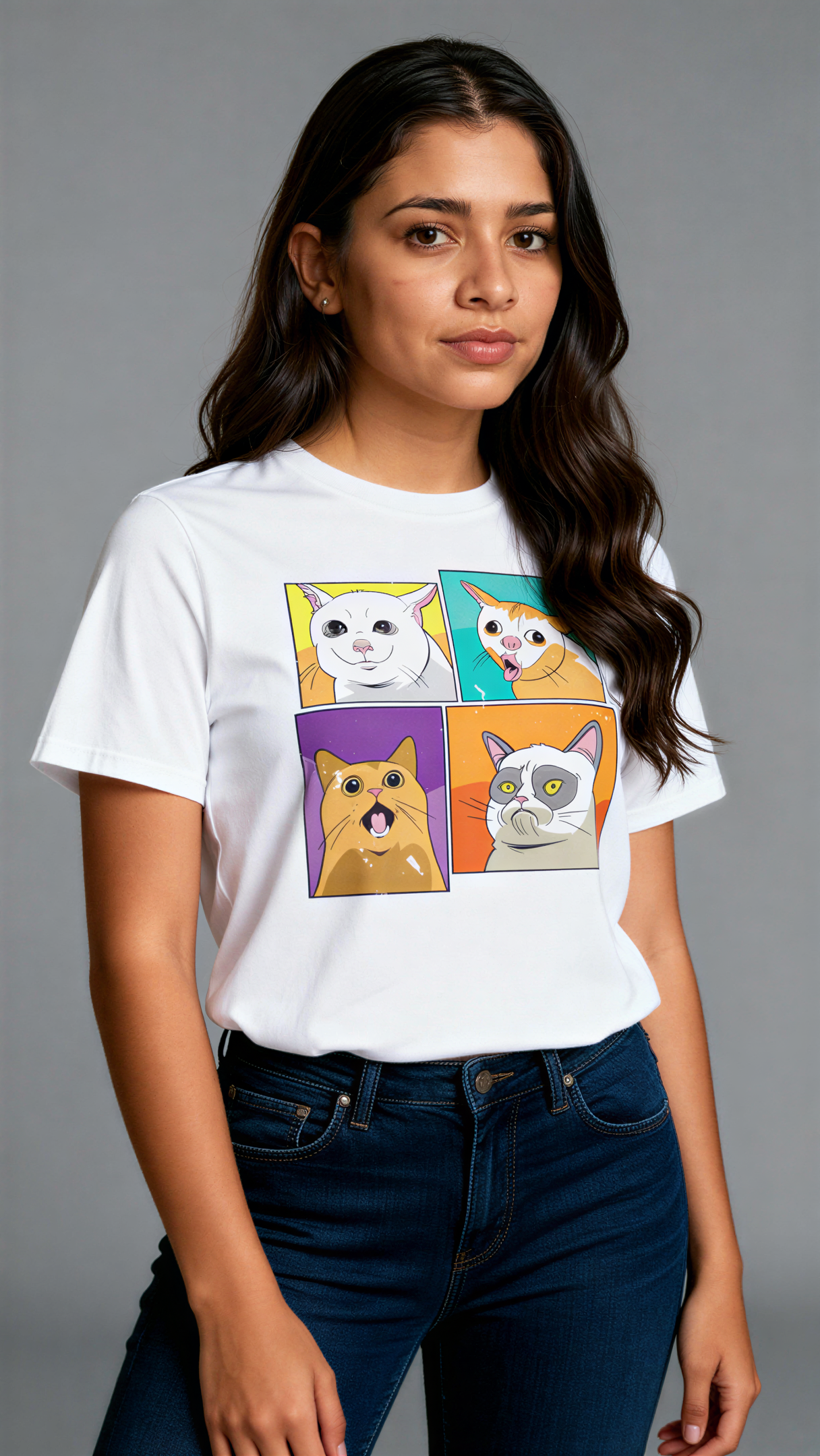 במבט קדמי, אישה לובשת חולצת כותנה אורגנית לבנה עם הדפס צבעוני של ארבעה ציורי חתולים בסגנון פופ-ארט מבית פיורלום.