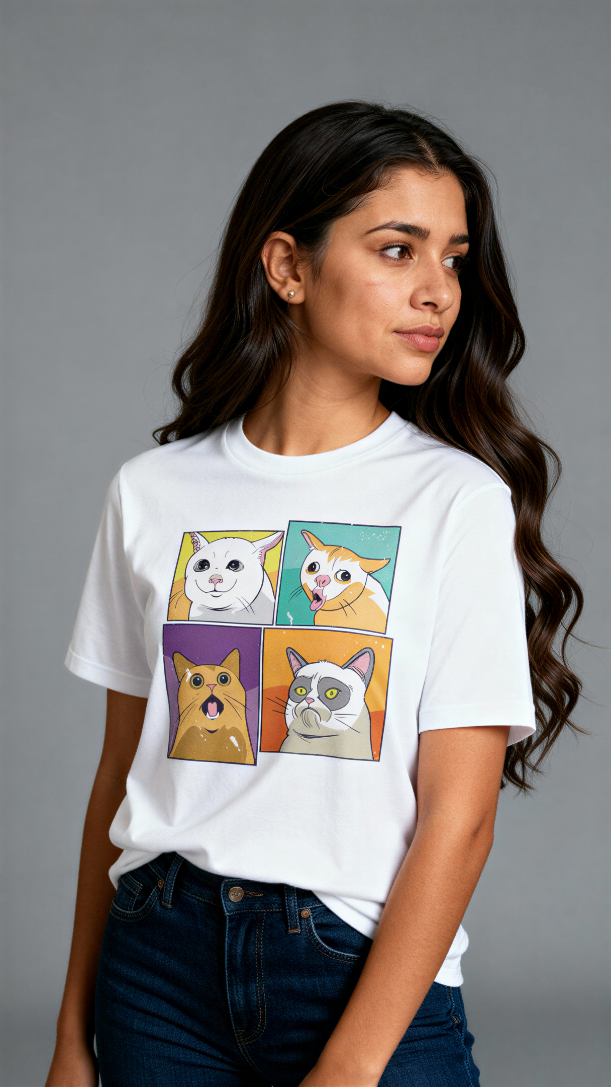 במבט קדמי, אישה לובשת חולצת כותנה אורגנית לבנה עם הדפס צבעוני של ארבעה ציורי חתולים בסגנון פופ-ארט מבית פיורלום.