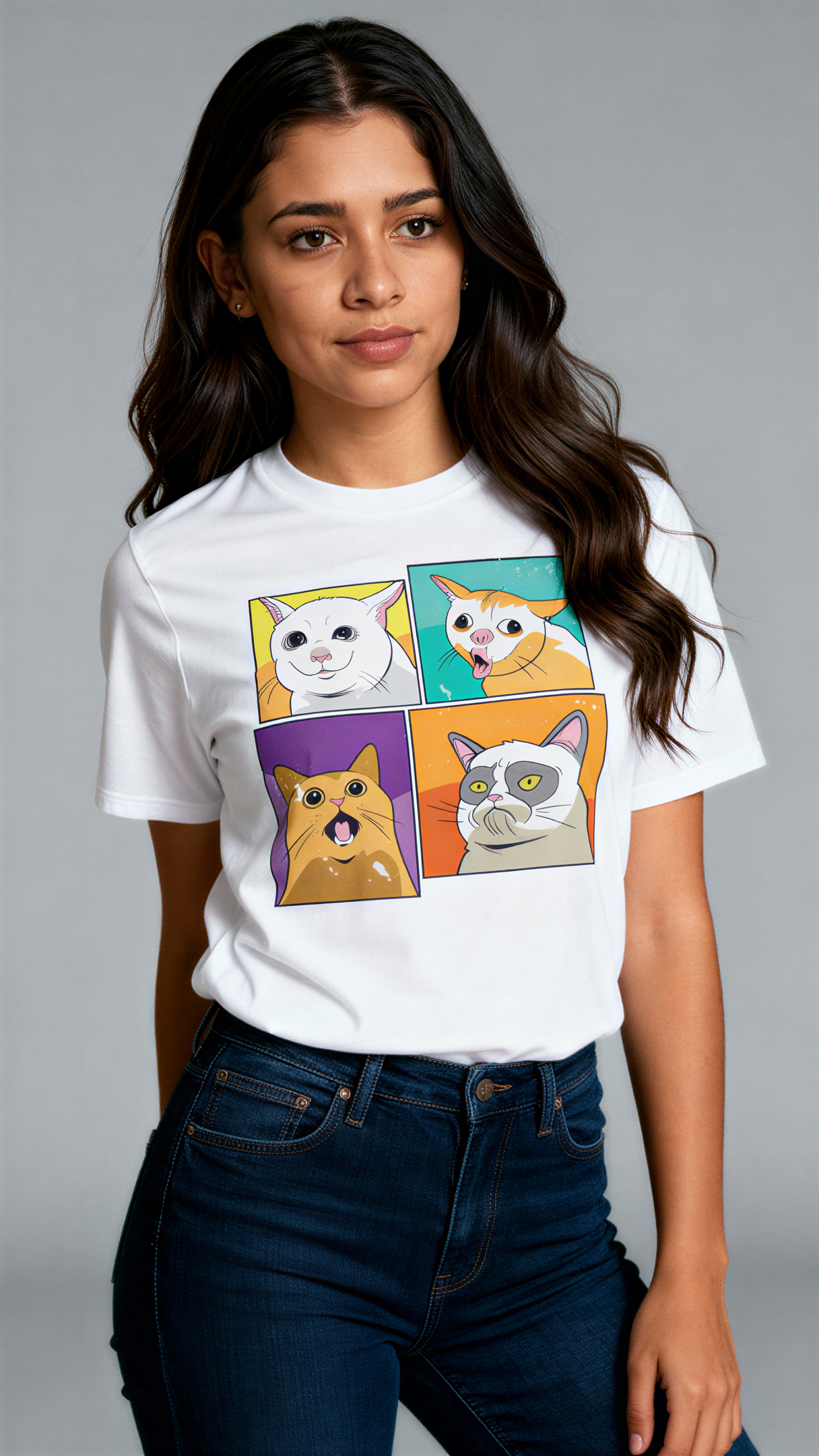 במבט קדמי, אישה לובשת חולצת כותנה אורגנית לבנה עם הדפס צבעוני של ארבעה ציורי חתולים בסגנון פופ-ארט מבית פיורלום.