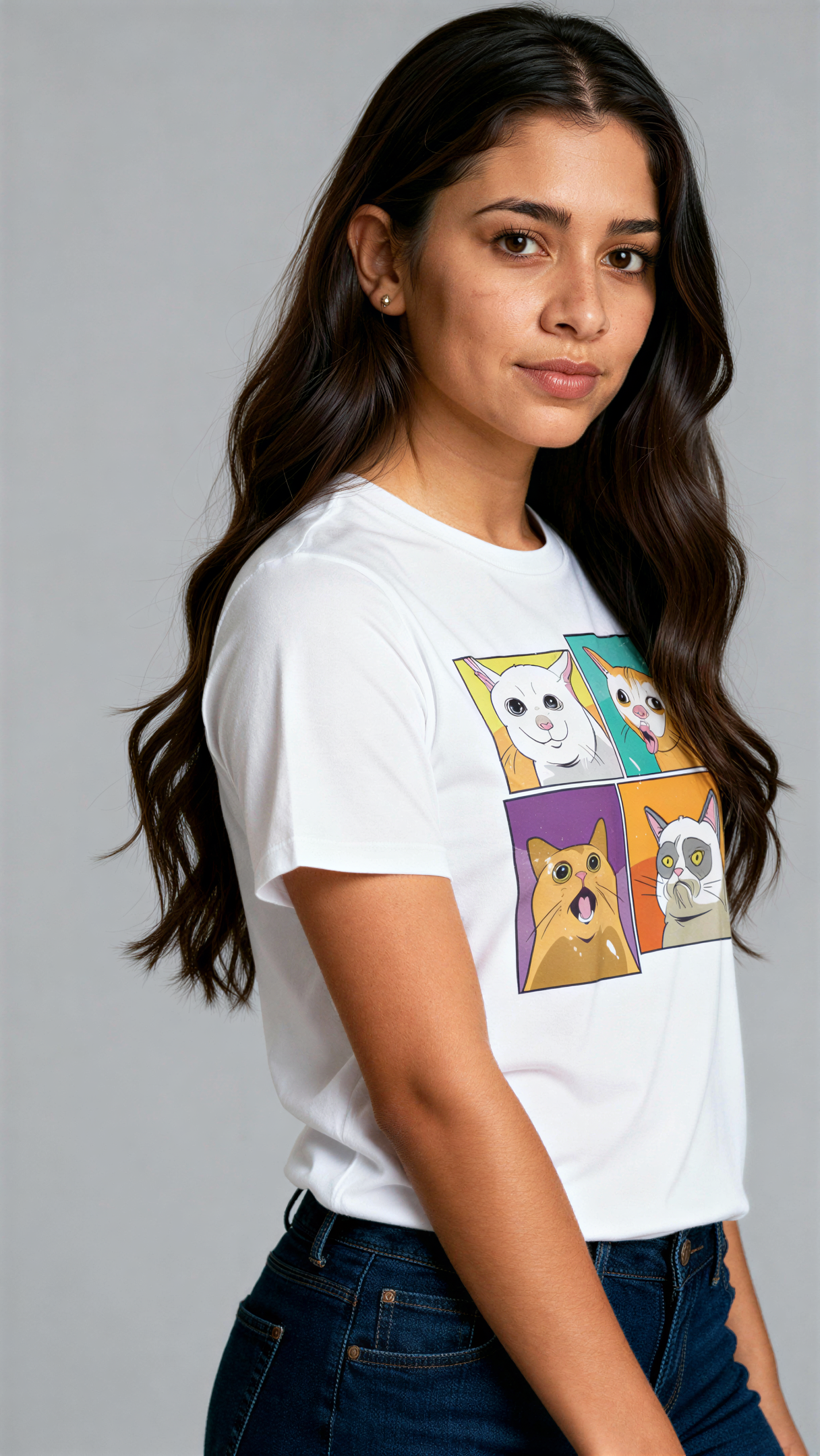 במבט צדדי, אישה לובשת חולצת כותנה אורגנית לבנה עם הדפס צבעוני של ארבעה ציורי חתולים בסגנון פופ-ארט מבית פיורלום.