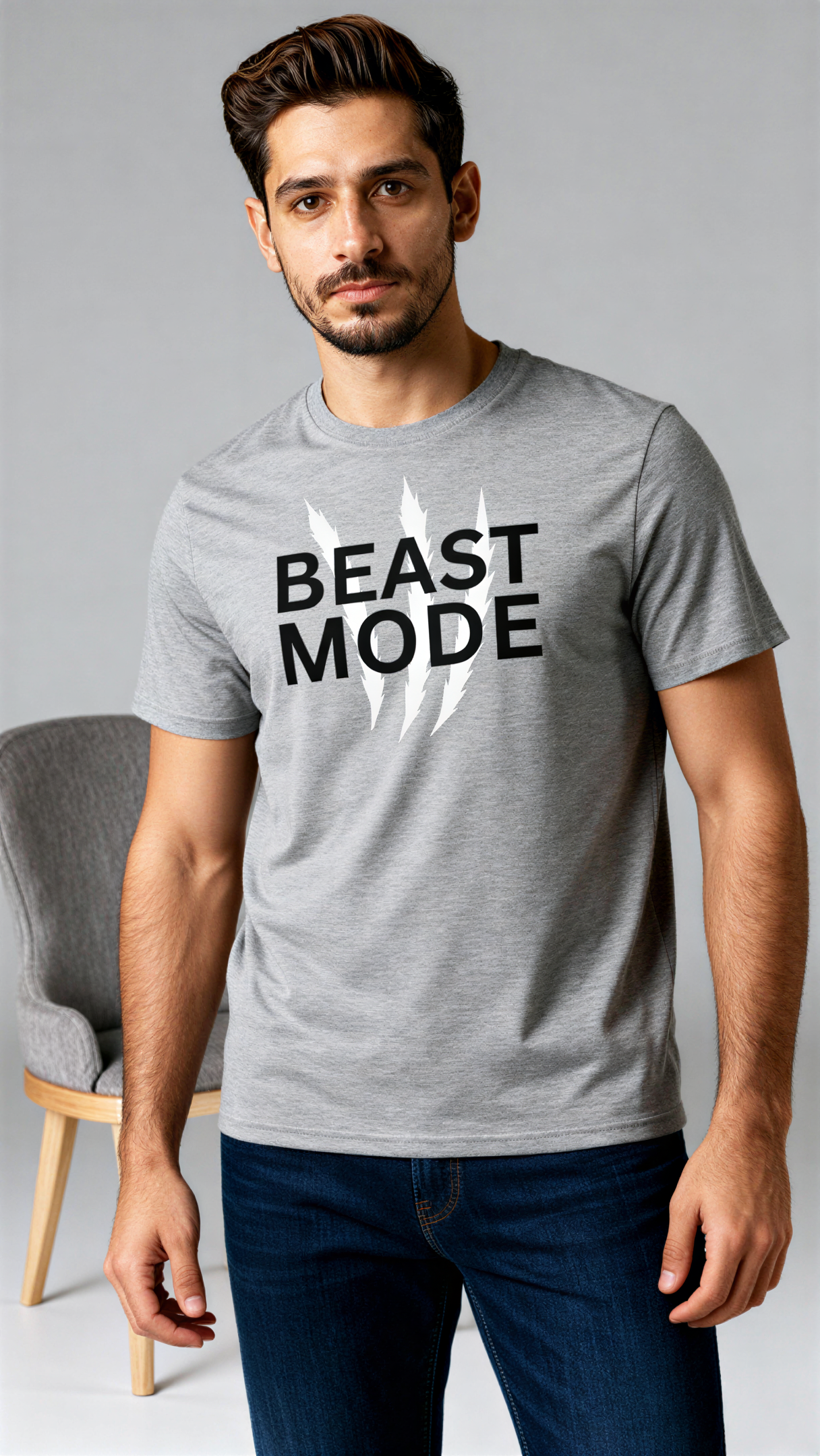 במבט קדמי, גבר לובש חולצת כותנה אורגנית אפורה עם כיתוב שחור "Beast Mode" מבית פיורלום.
