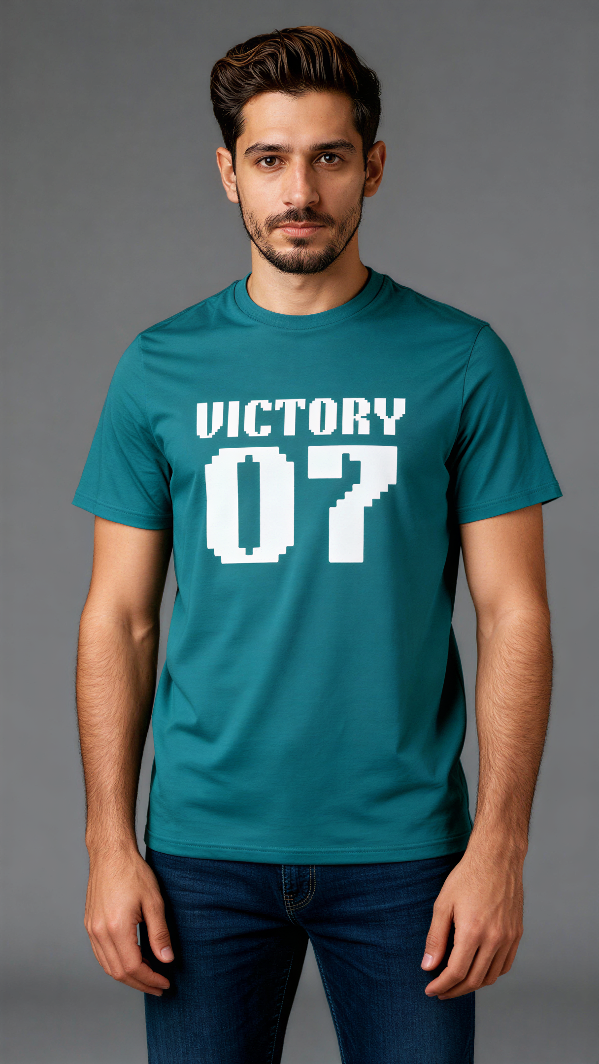 במבט קדמי, גבר לובש חולצת כותנה אורגנית טורקיז עם כיתוב לבן "Victory 07" מבית פיורלום.