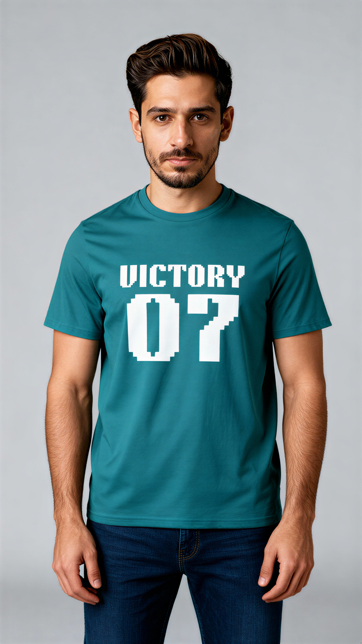 במבט קדמי, גבר לובש חולצת כותנה אורגנית טורקיז עם כיתוב לבן "Victory 07" מבית פיורלום.