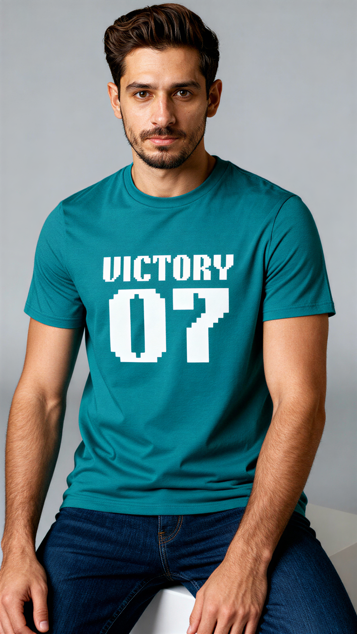 במבט קדמי, גבר לובש חולצת כותנה אורגנית טורקיז עם כיתוב לבן "Victory 07" מבית פיורלום.