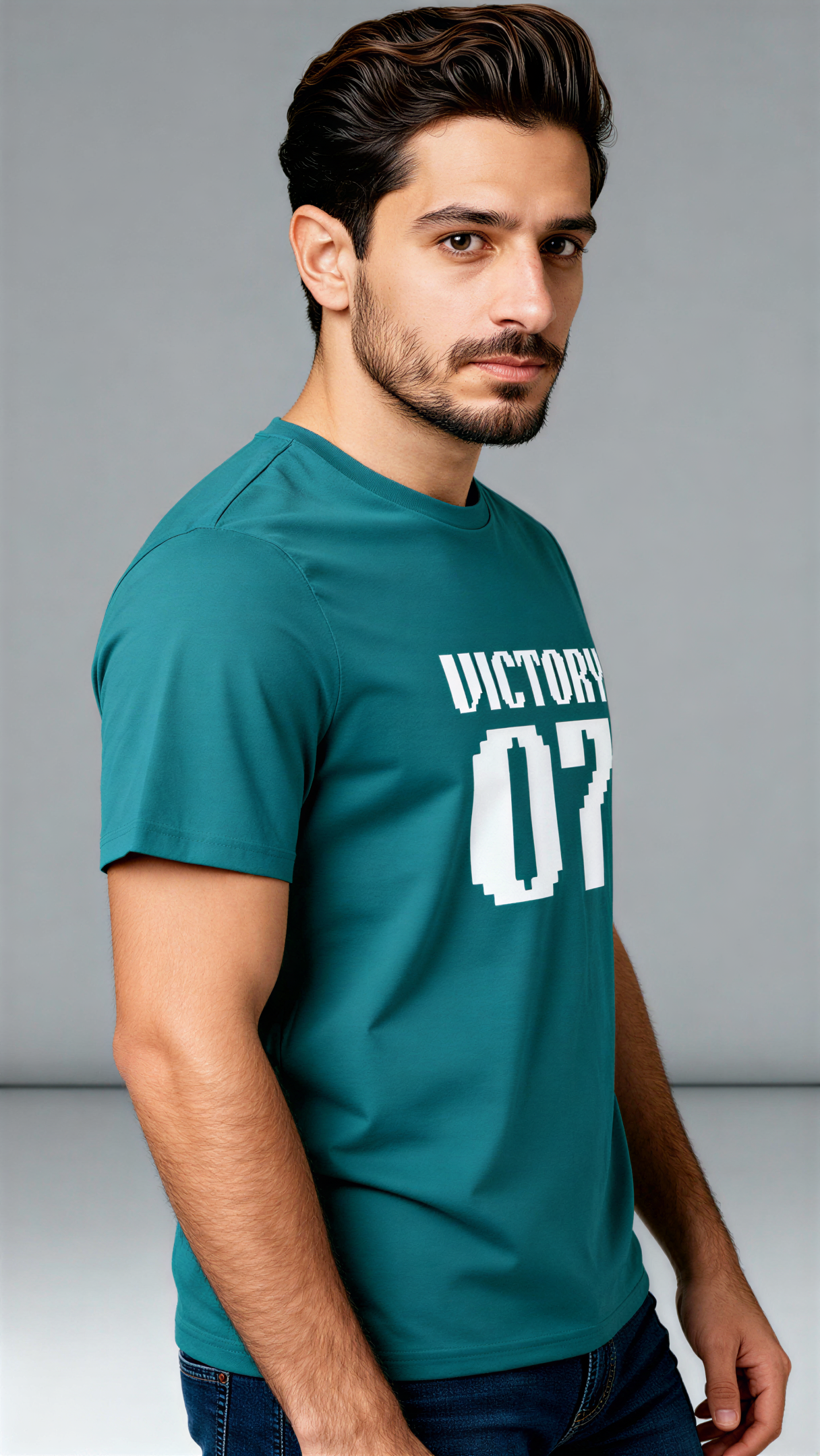במבט צדדי, גבר לובש חולצת כותנה אורגנית טורקיז עם כיתוב לבן "Victory 07" מבית פיורלום.