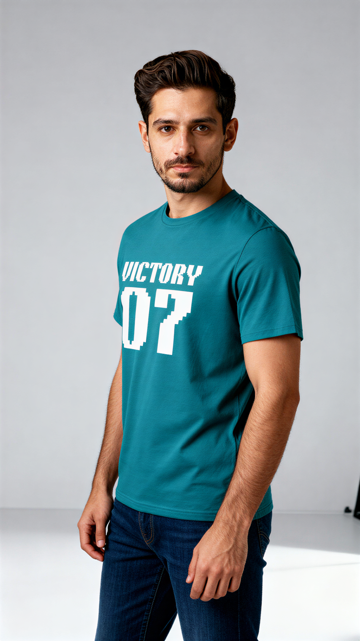 במבט צדדי, גבר לובש חולצת כותנה אורגנית טורקיז עם כיתוב לבן "Victory 07" מבית פיורלום.