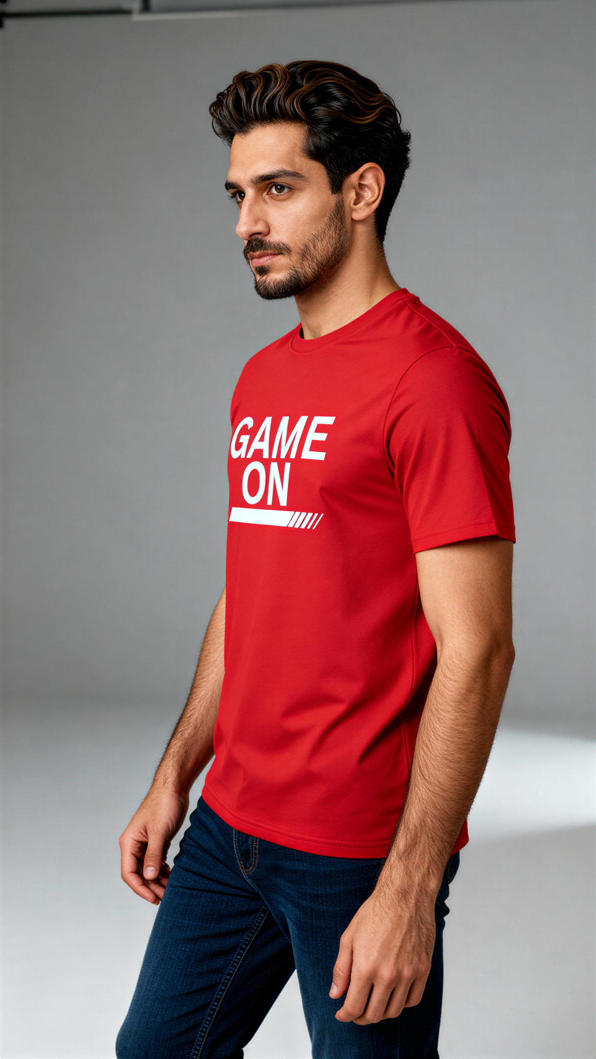 במבט צדדי, גבר לובש חולצת כותנה אורגנית אדומה עם כיתוב לבן "Game On" מבית פיורלום.