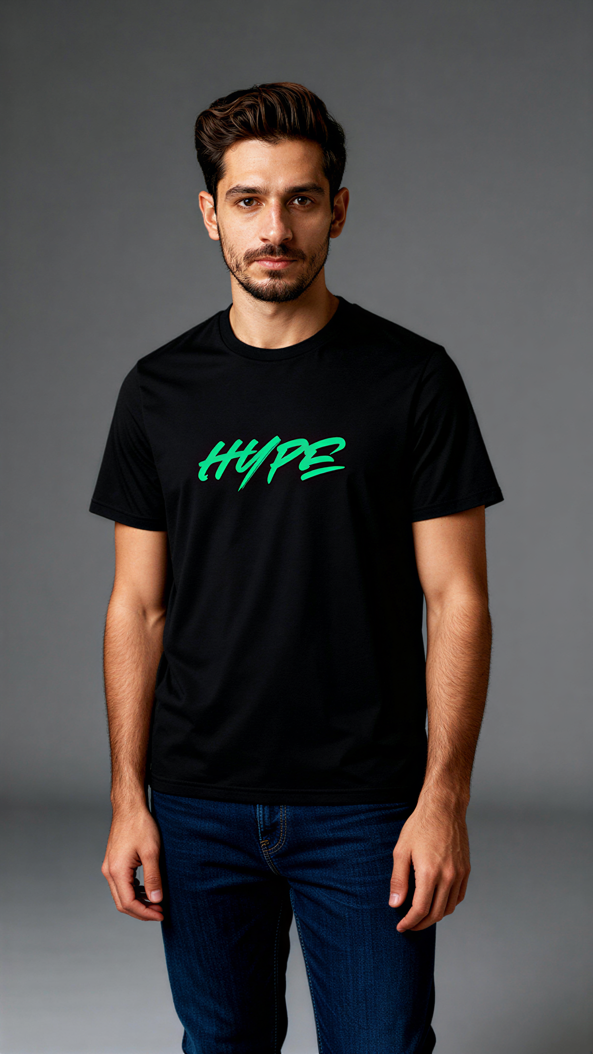 במבט קדמי, גבר לובש חולצת כותנה אורגנית שחורה עם הדפס ירוק בוהק של המילה "HYPE" מבית פיורלום.