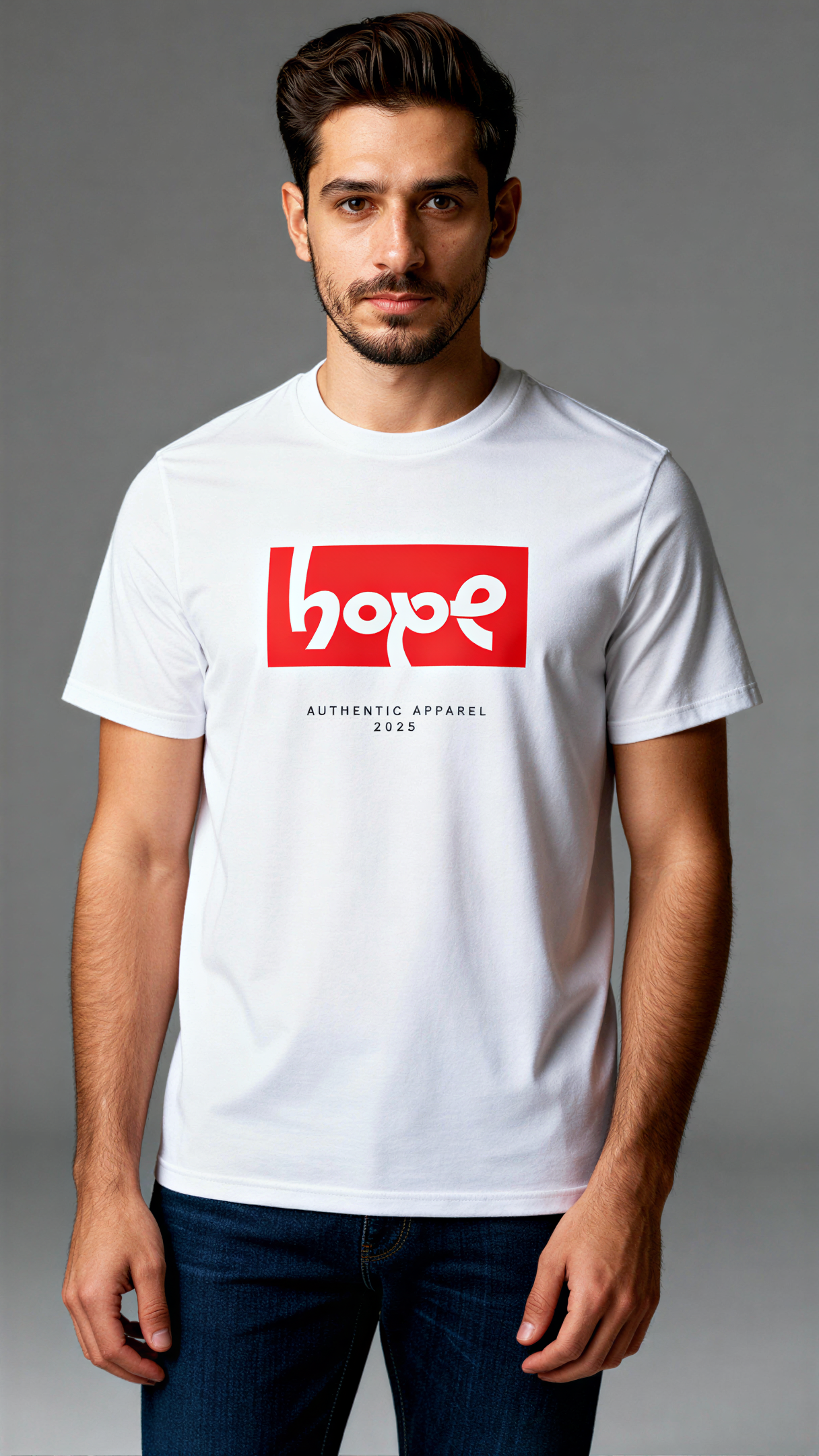 במבט קדמי, גבר לובש חולצת כותנה אורגנית לבנה עם הדפס מלבן אדום ובתוכו הכיתוב "hope" בלבן, ומתחתיו טקסט קטן "Authentic Apparel 2025" מבית פיורלום.