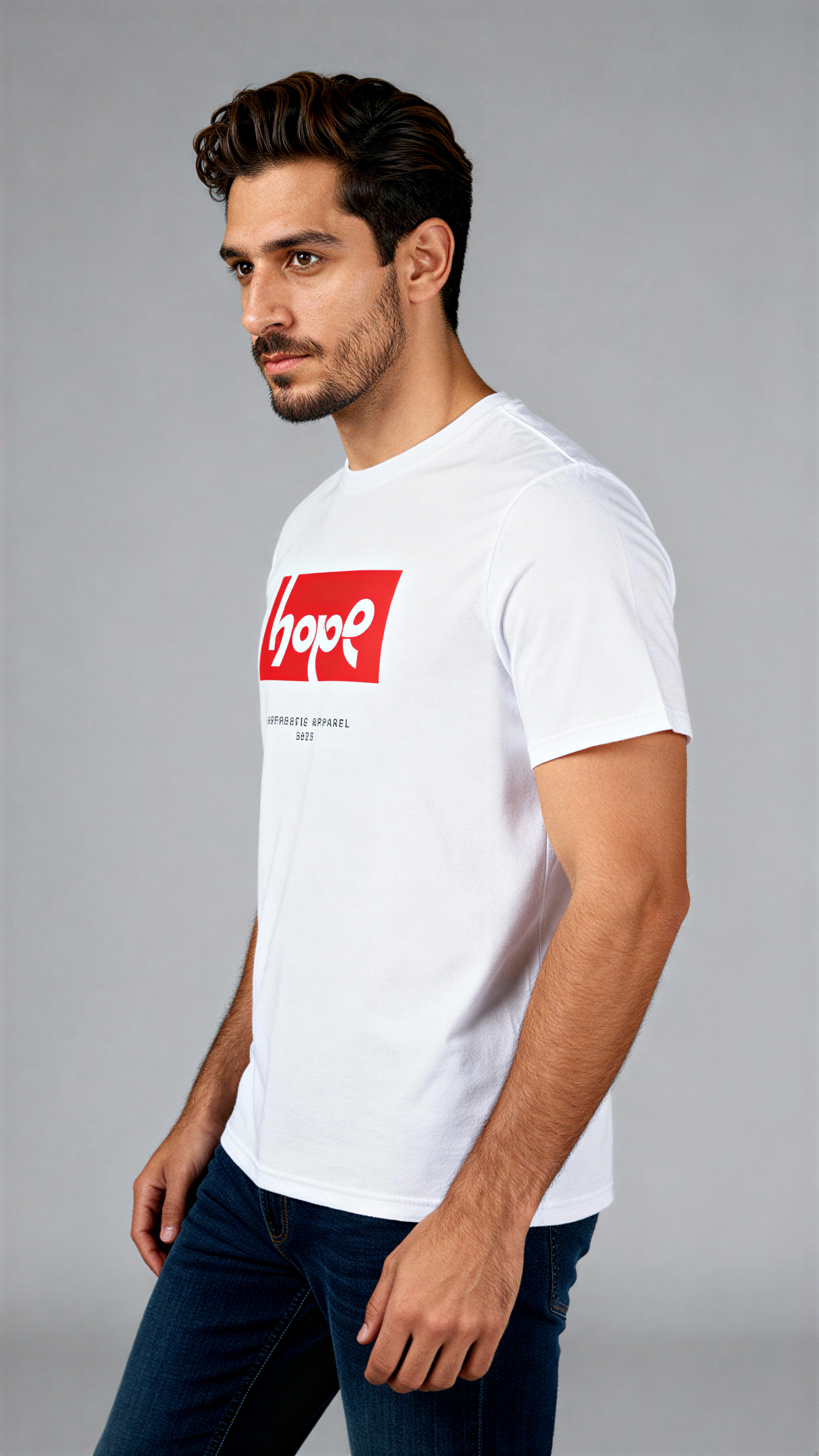 במבט צדדי, גבר לובש חולצת כותנה אורגנית לבנה עם הדפס מלבן אדום ובתוכו הכיתוב "hope" בלבן, ומתחתיו טקסט קטן "Authentic Apparel 2025" מבית פיורלום.