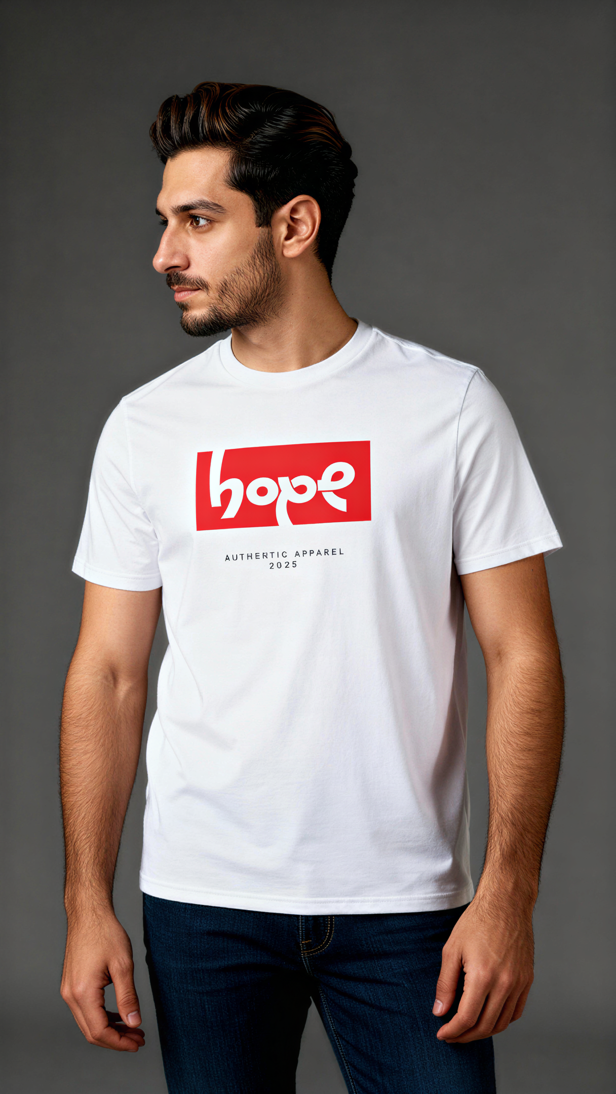 במבט קדמי, גבר לובש חולצת כותנה אורגנית לבנה עם הדפס מלבן אדום ובתוכו הכיתוב "hope" בלבן, ומתחתיו טקסט קטן "Authentic Apparel 2025" מבית פיורלום.