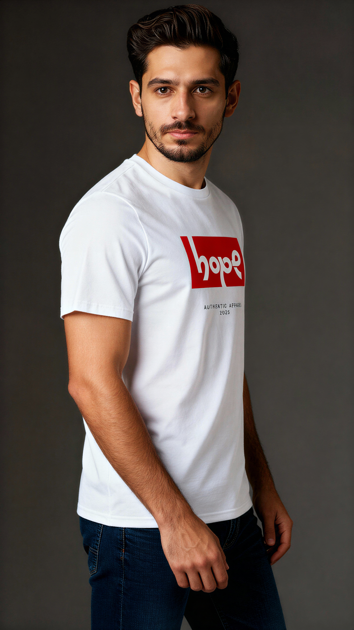 במבט צדדי, גבר לובש חולצת כותנה אורגנית לבנה עם הדפס מלבן אדום ובתוכו הכיתוב "hope" בלבן, ומתחתיו טקסט קטן "Authentic Apparel 2025" מבית פיורלום.