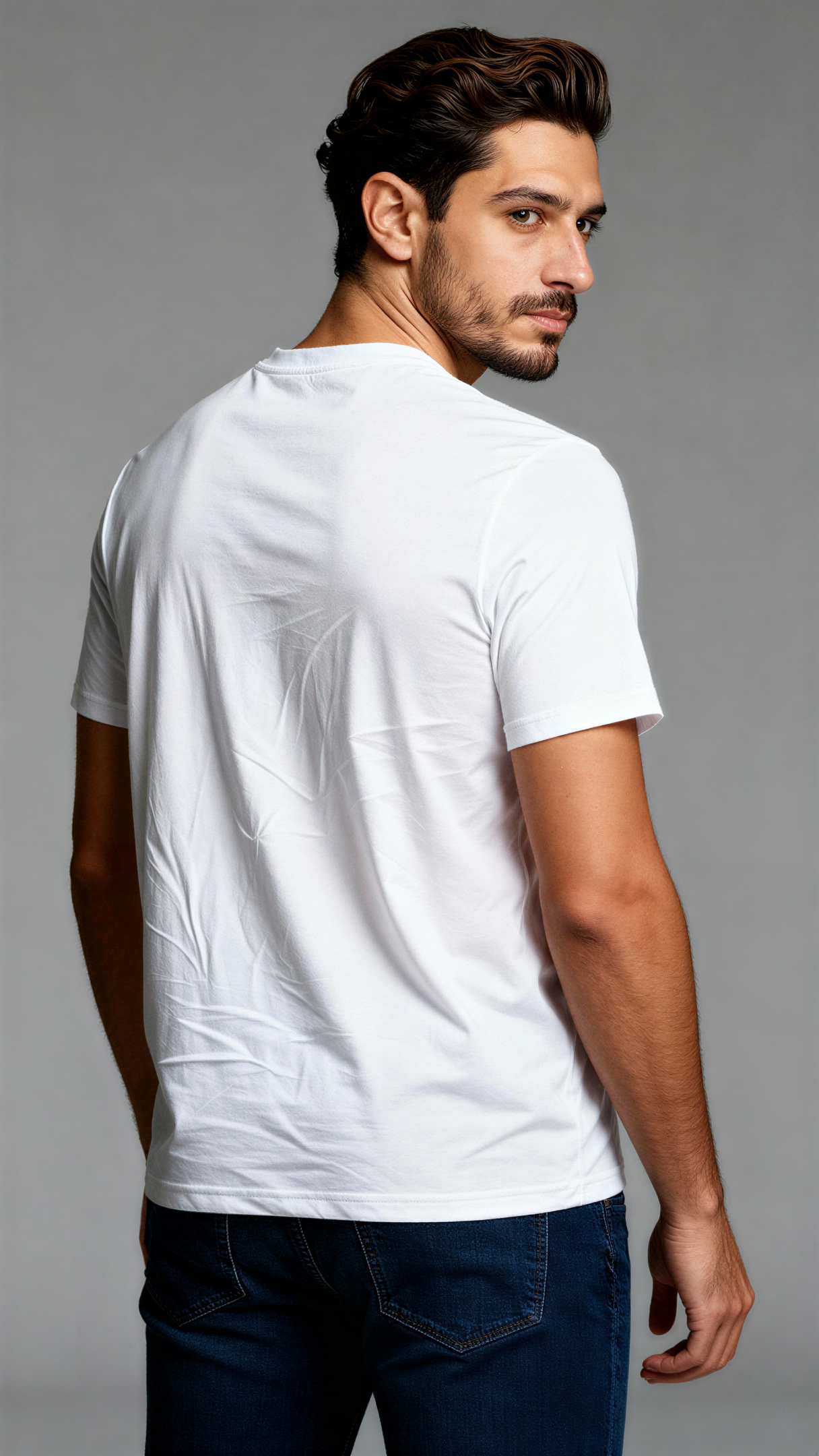 במבט מאחור, גבר לובש חולצת כותנה אורגנית לבנה חלקה מבית פיורלום.