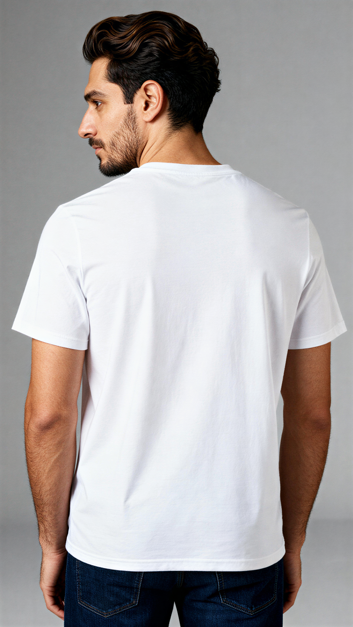 במבט מאחור, גבר לובש חולצת כותנה אורגנית לבנה חלקה מבית פיורלום.