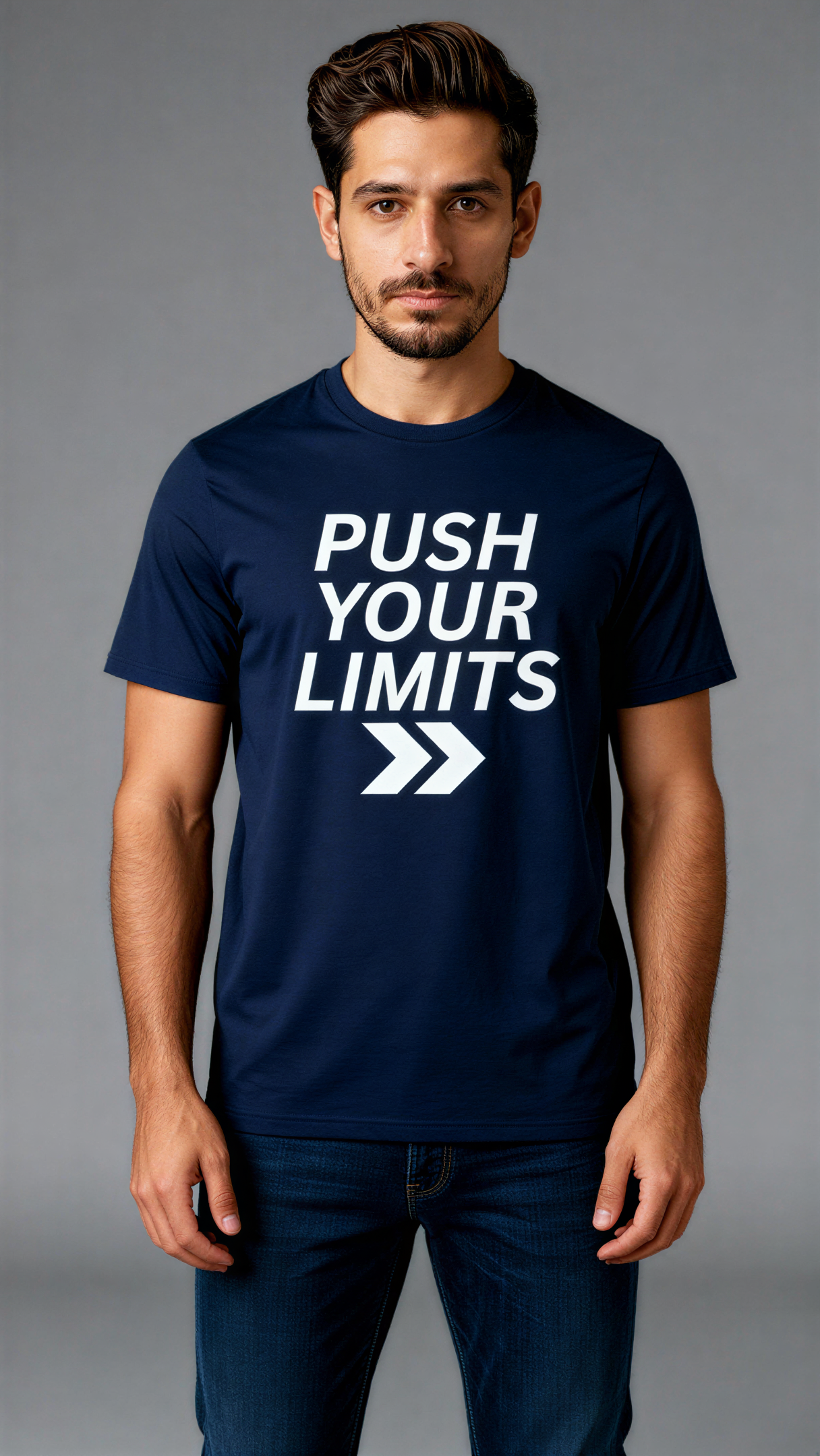 במבט קדמי, גבר לובש חולצת כותנה אורגנית כחולה כהה עם כיתוב לבן "Push Your Limits" מבית פיורלום.