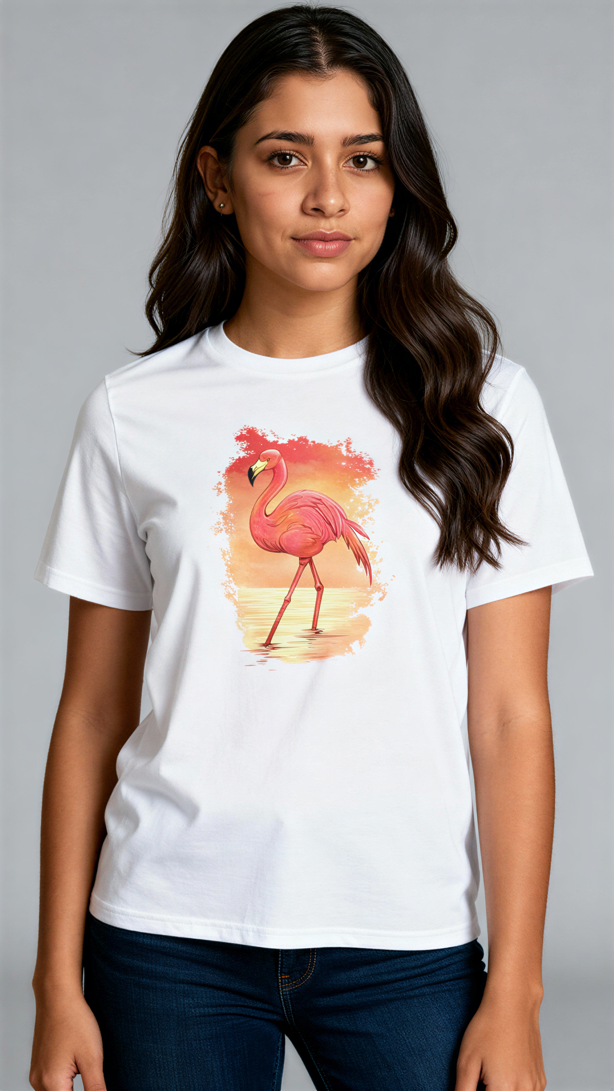 במבט קדמי, אישה לובשת חולצת כותנה אורגנית לבנה עם הדפס צבעוני של פלמינגו עומד במים על רקע שקיעה בגווני כתום וורוד מבית פיורלום.