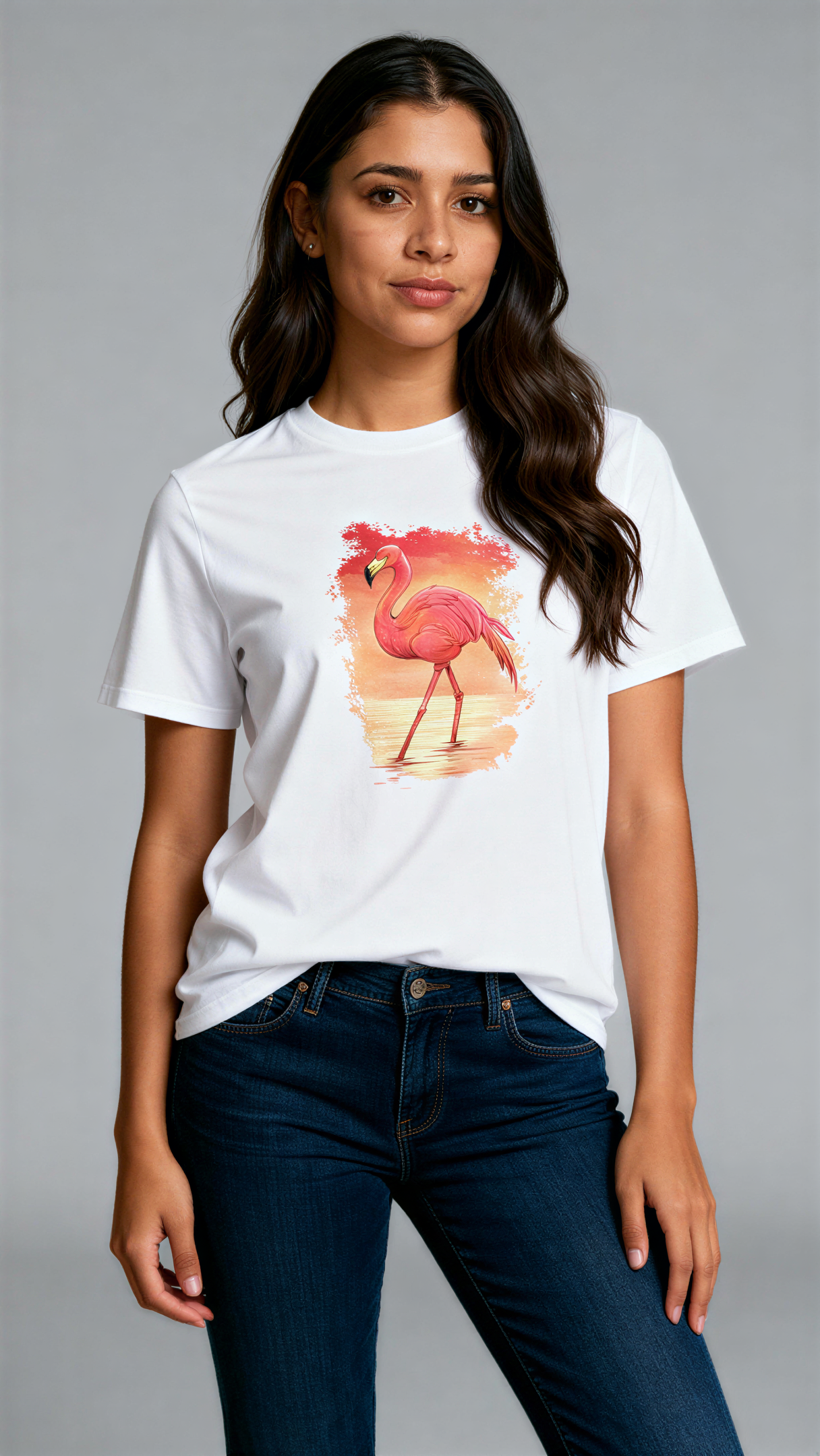 במבט קדמי, אישה לובשת חולצת כותנה אורגנית לבנה עם הדפס צבעוני של פלמינגו עומד במים על רקע שקיעה בגווני כתום וורוד מבית פיורלום.