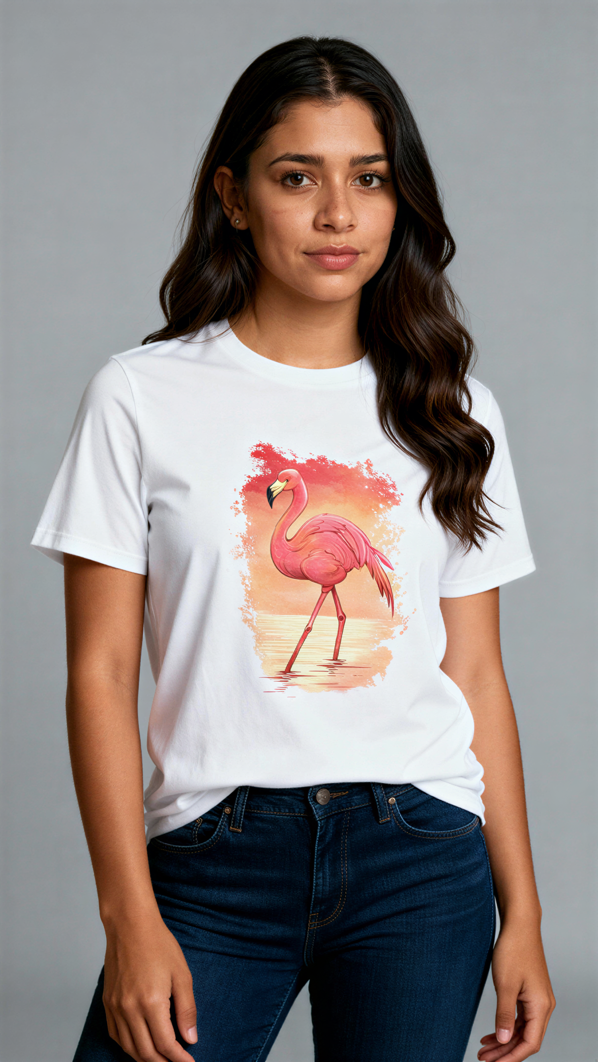 במבט קדמי, אישה לובשת חולצת כותנה אורגנית לבנה עם הדפס צבעוני של פלמינגו עומד במים על רקע שקיעה בגווני כתום וורוד מבית פיורלום.