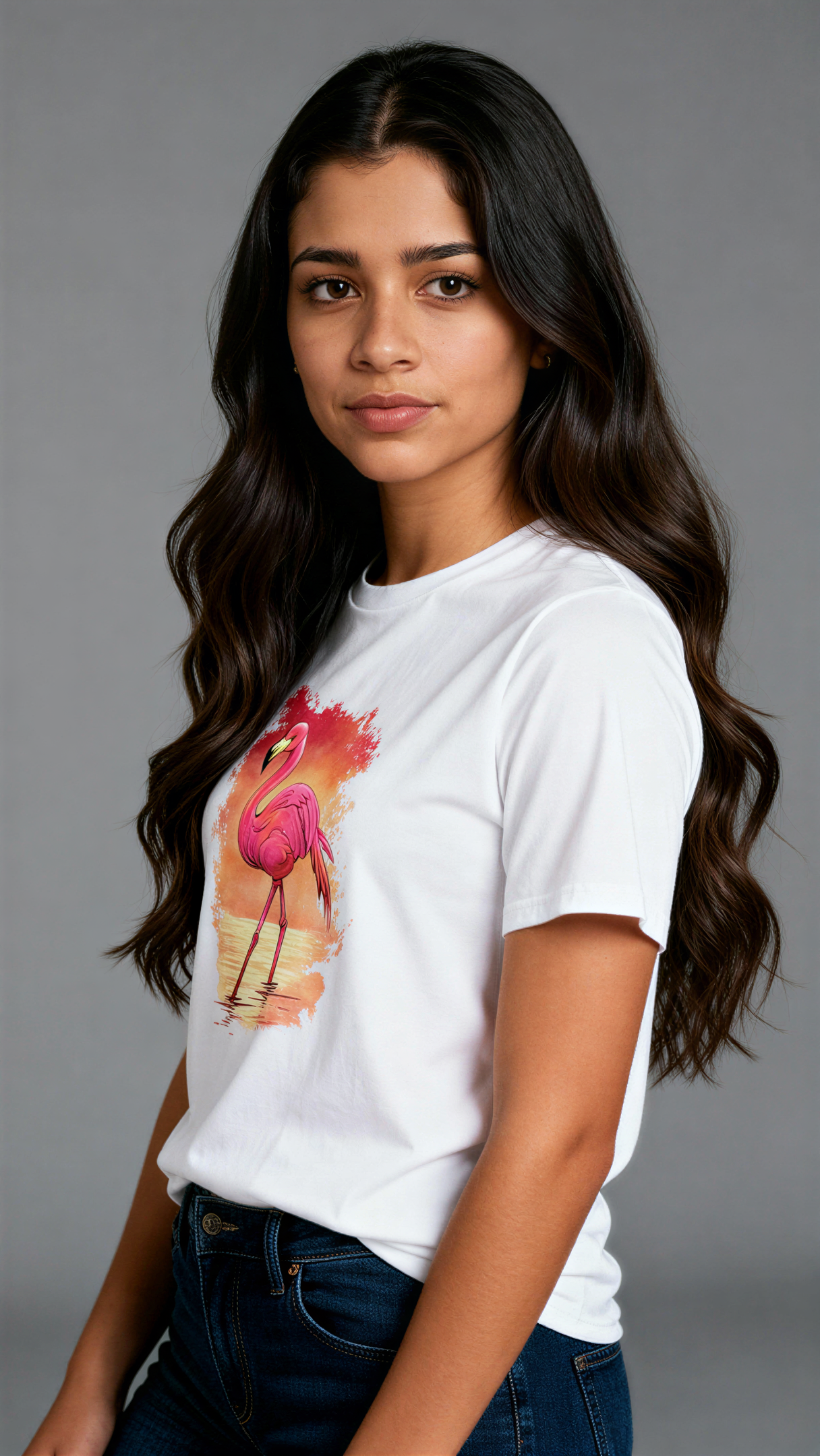 במבט צדדי, אישה לובשת חולצת כותנה אורגנית לבנה עם הדפס צבעוני של פלמינגו עומד במים על רקע שקיעה בגווני כתום וורוד מבית פיורלום.