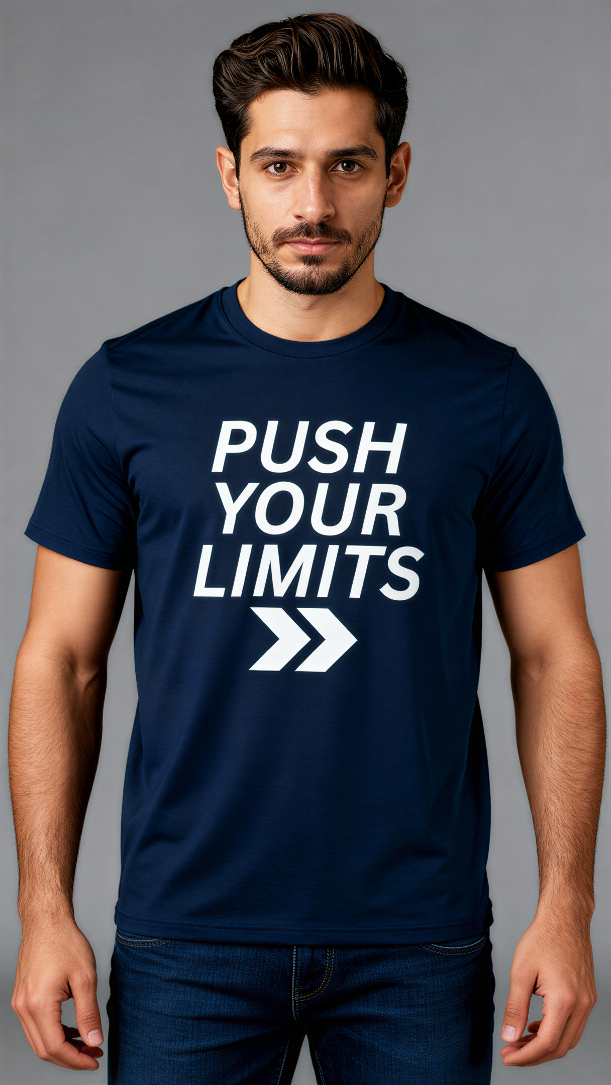 במבט קדמי, גבר לובש חולצת כותנה אורגנית כחולה כהה עם כיתוב לבן "Push Your Limits" מבית פיורלום.