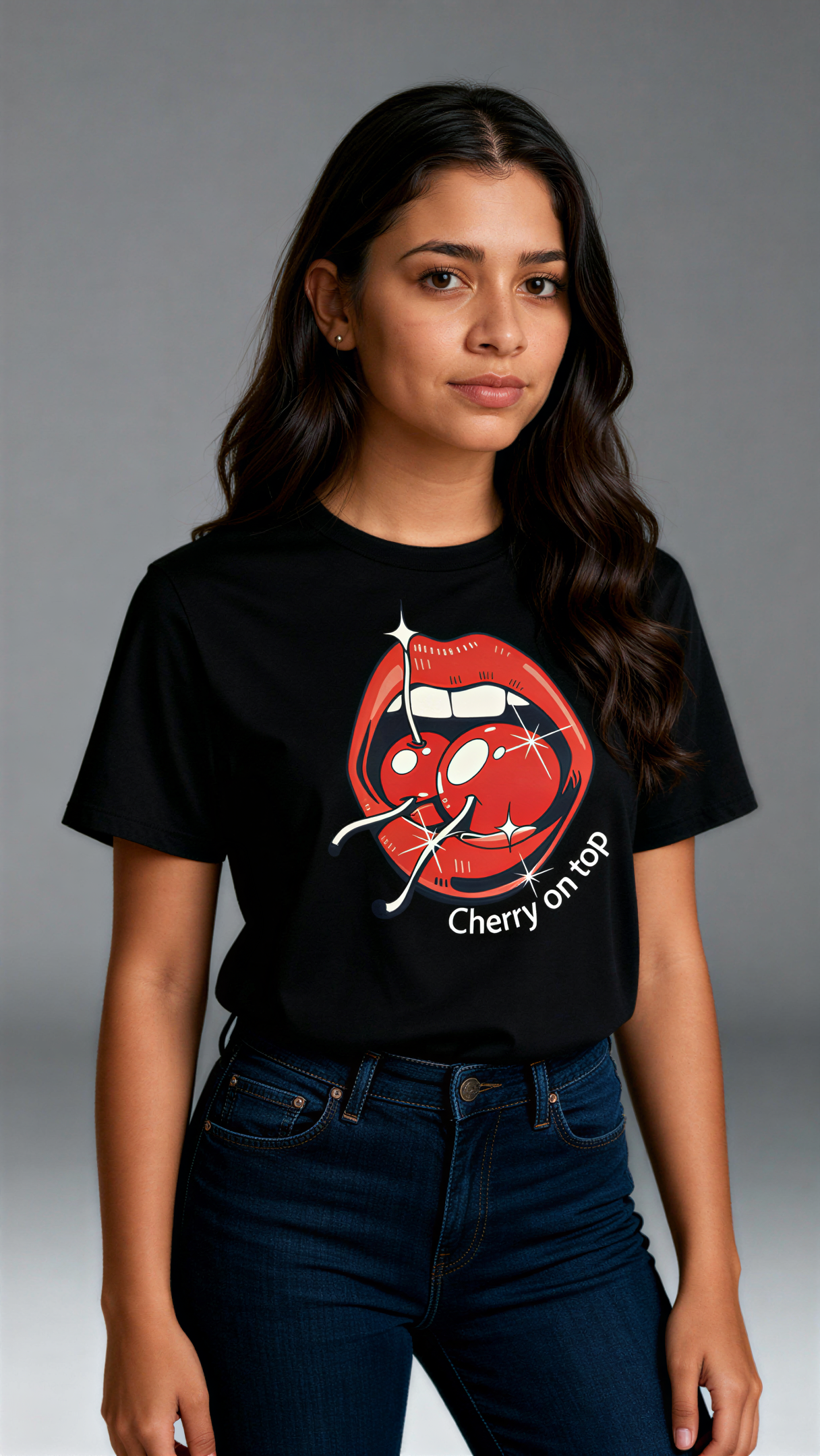 במבט קדמי, אישה לובשת חולצת כותנה אורגנית שחורה עם הדפס צבעוני של פה פתוח עם דובדבנים וכיתוב "Cherry on top" מבית פיורלום.