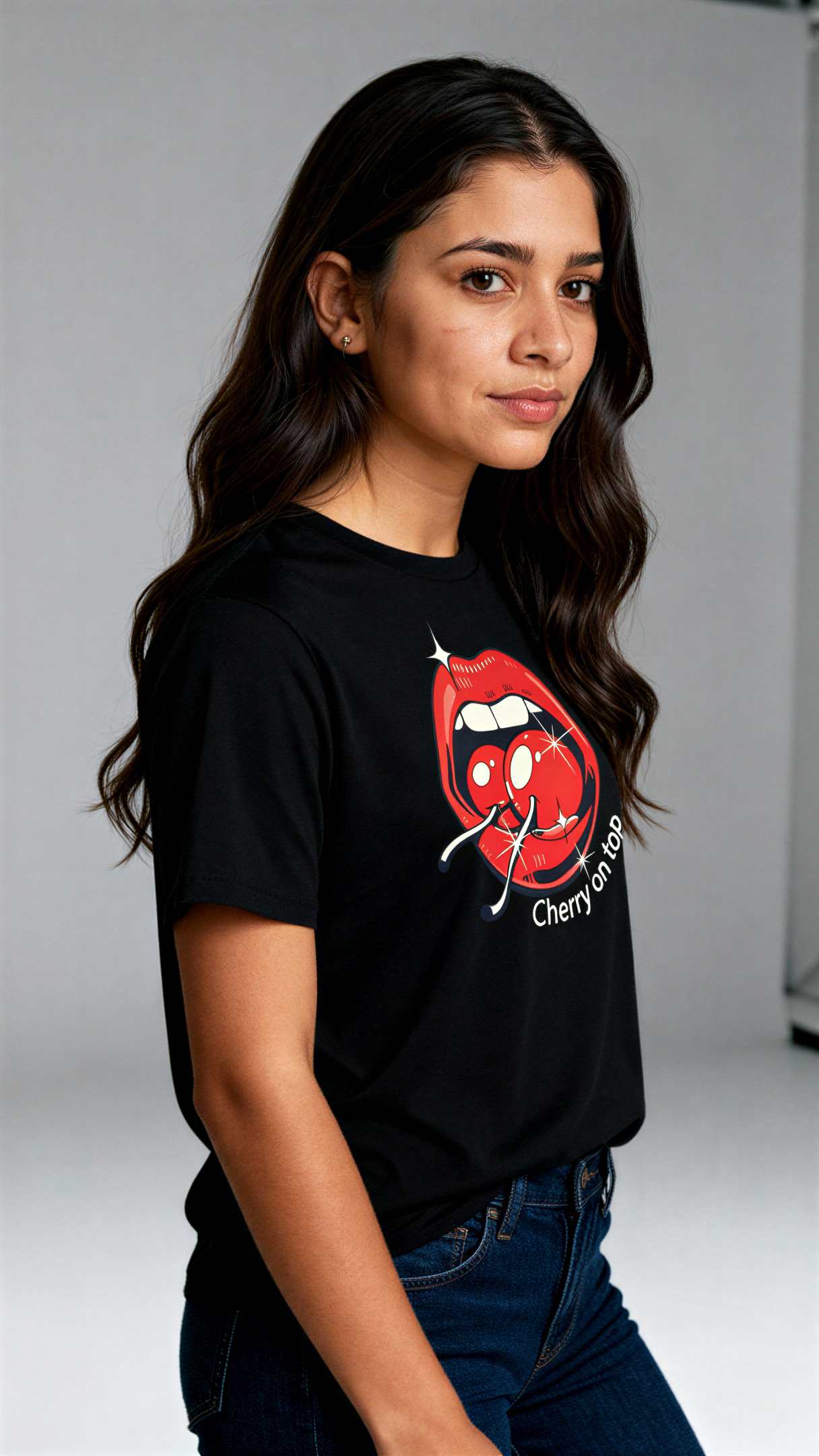 במבט צדדי, אישה לובשת חולצת כותנה אורגנית שחורה עם הדפס צבעוני של פה פתוח עם דובדבנים וכיתוב "Cherry on top" מבית פיורלום.