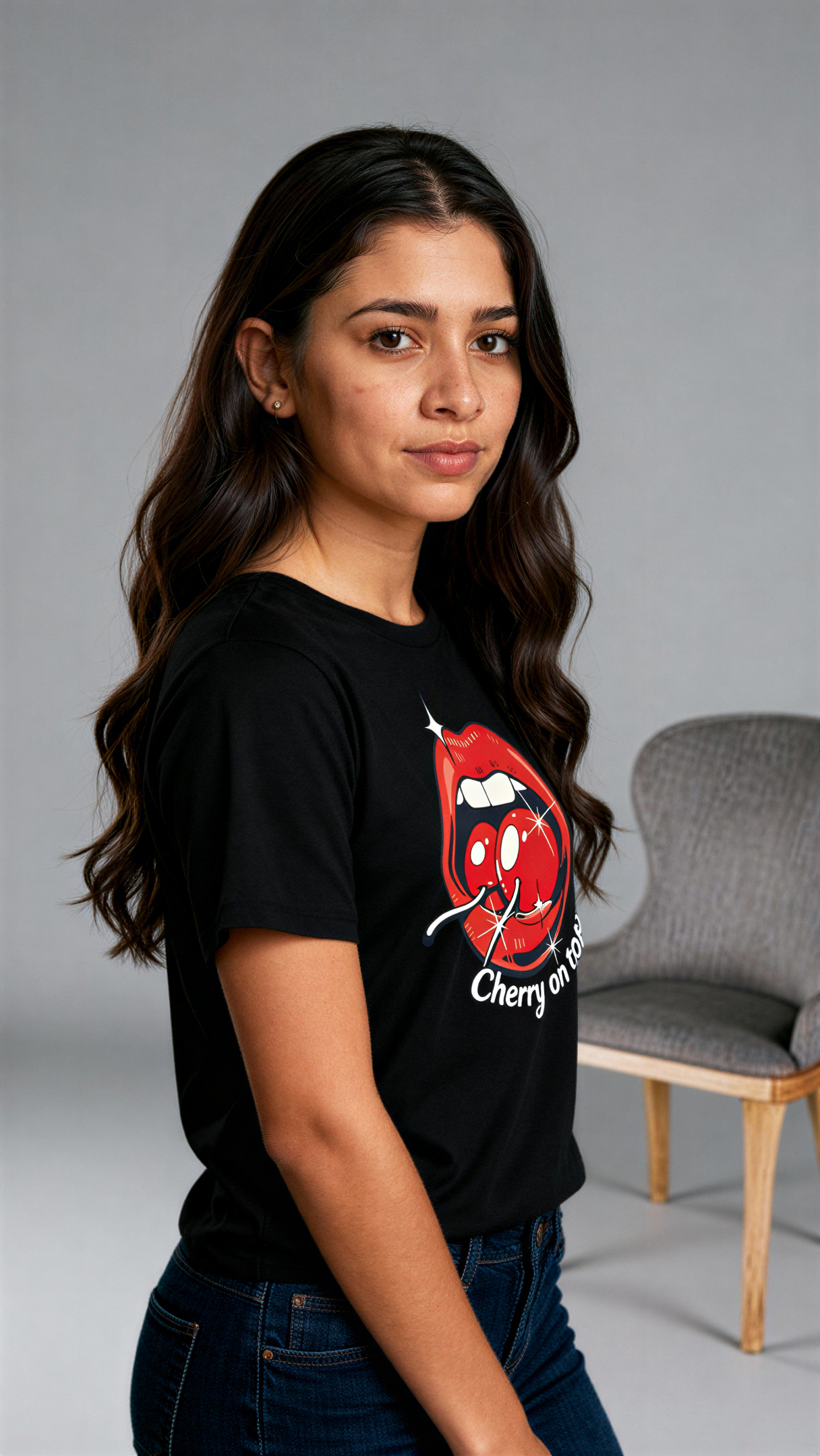 במבט צדדי, אישה לובשת חולצת כותנה אורגנית שחורה עם הדפס צבעוני של פה פתוח עם דובדבנים וכיתוב "Cherry on top" מבית פיורלום.