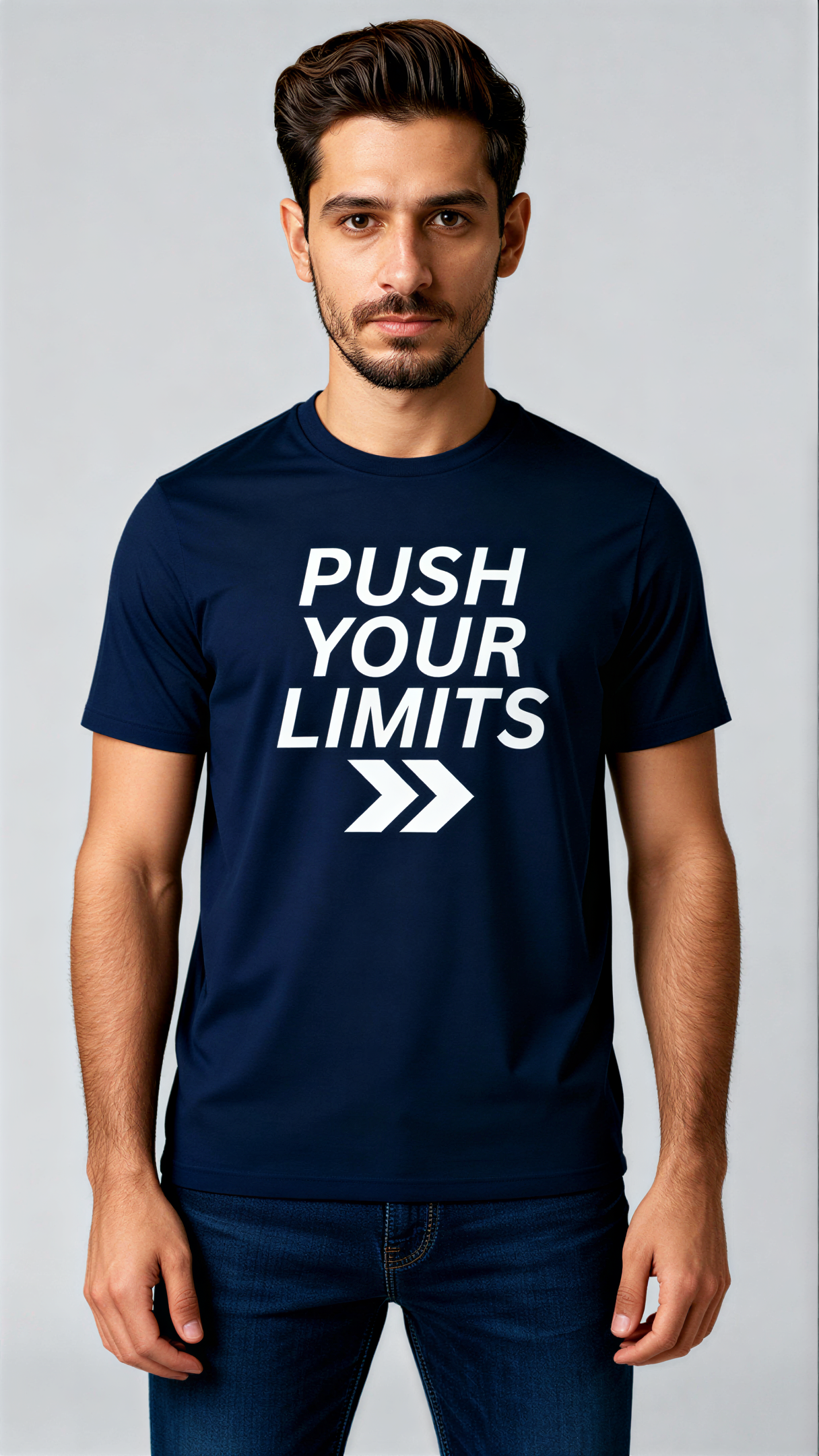 במבט קדמי, גבר לובש חולצת כותנה אורגנית כחולה כהה עם כיתוב לבן "Push Your Limits" מבית פיורלום.