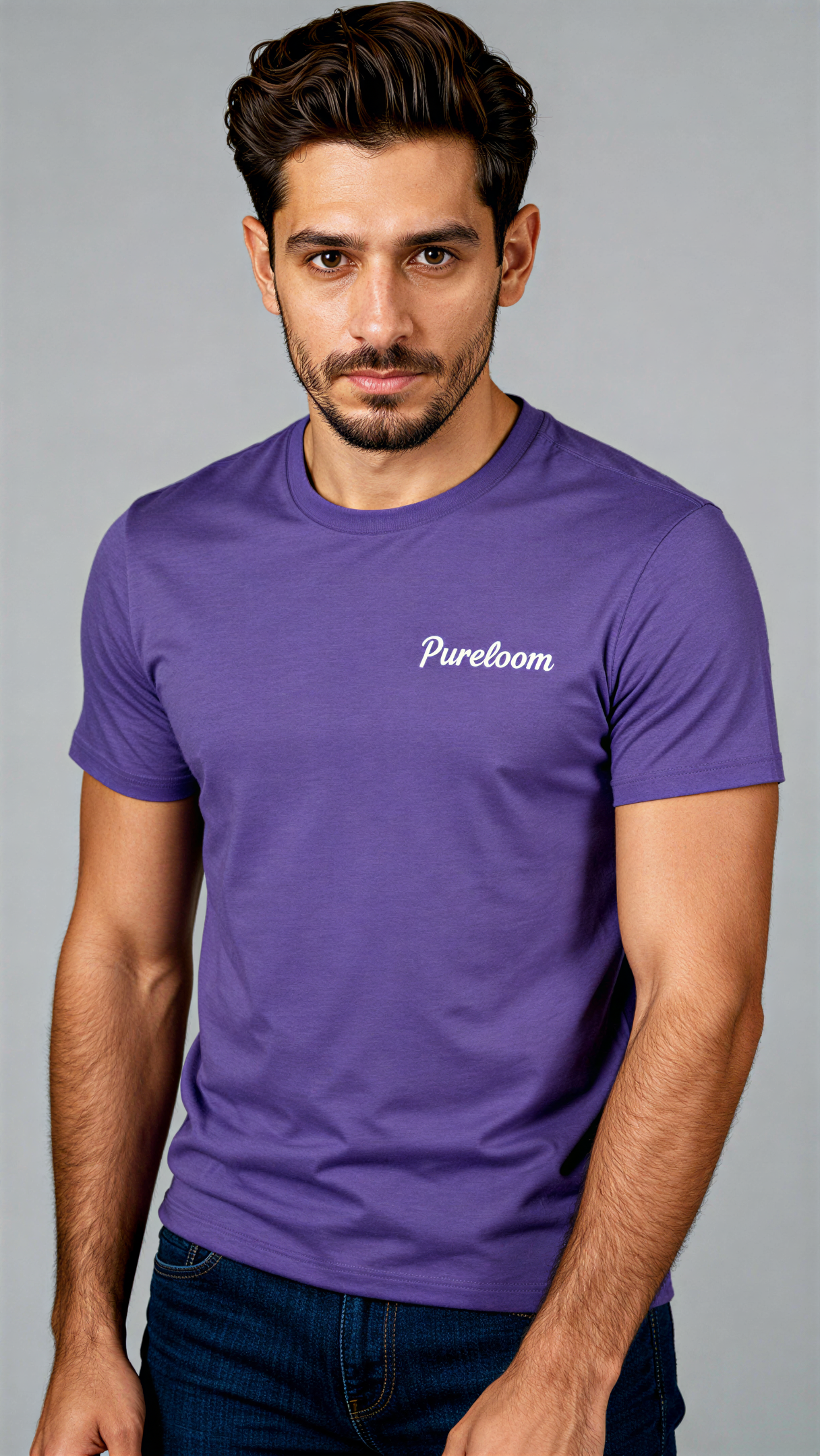 במבט קדמי, גבר לובש חולצת כותנה אורגנית סגולה עם לוגו לבן "Pureloom" בצד שמאל של החזה מבית פיורלום.