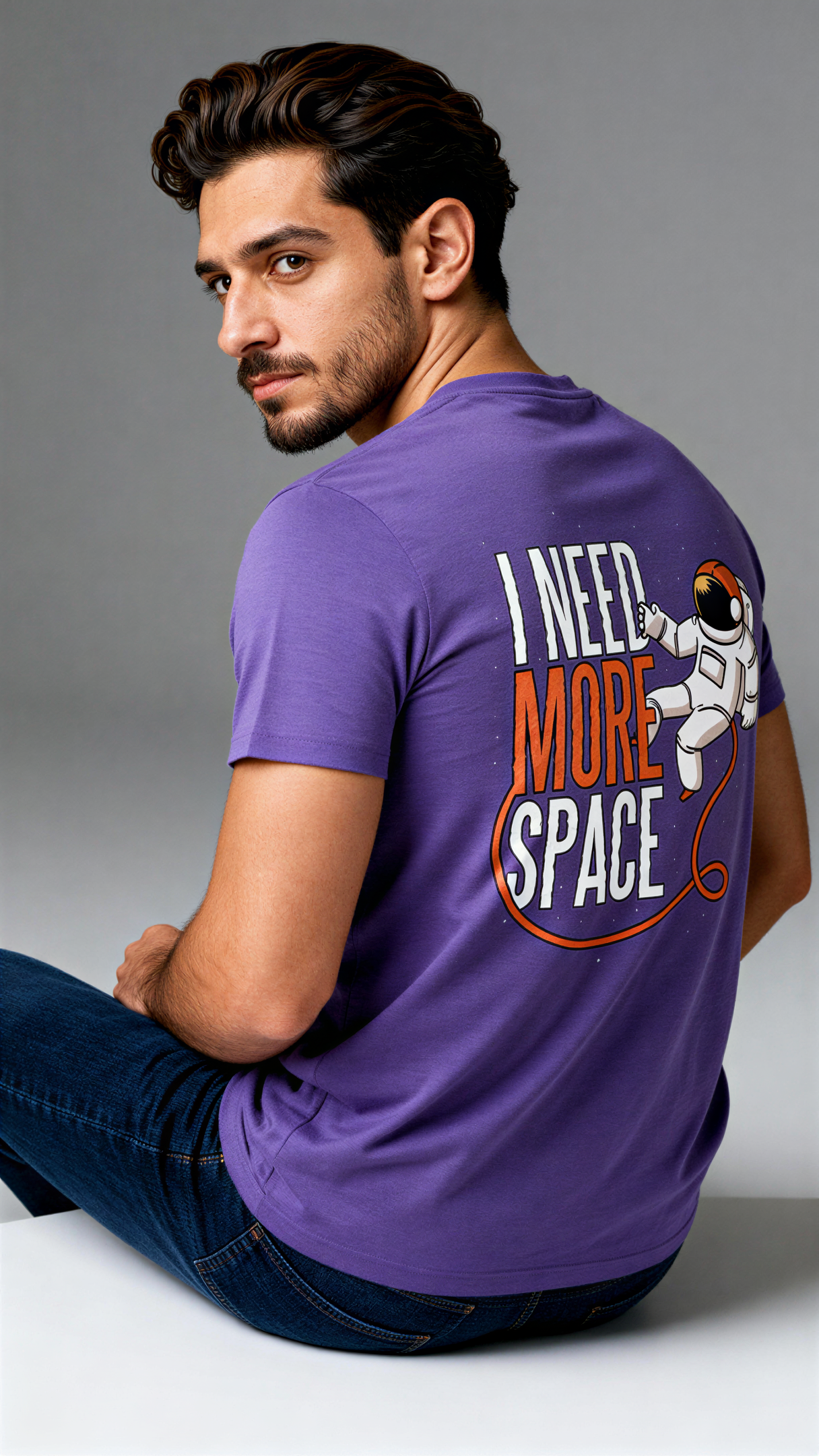 במבט מאחור, גבר לובש חולצת כותנה אורגנית סגולה עם הדפס של אסטרונאוט וכיתוב "I Need More Space" בעיצוב צבעוני מבית פיורלום.