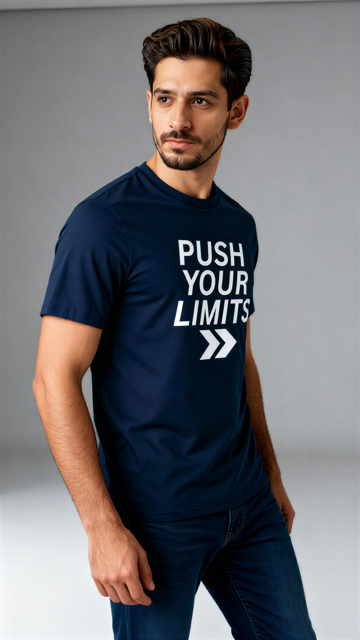 במבט צדדי, גבר לובש חולצת כותנה אורגנית כחולה כהה עם כיתוב לבן "Push Your Limits" מבית פיורלום.